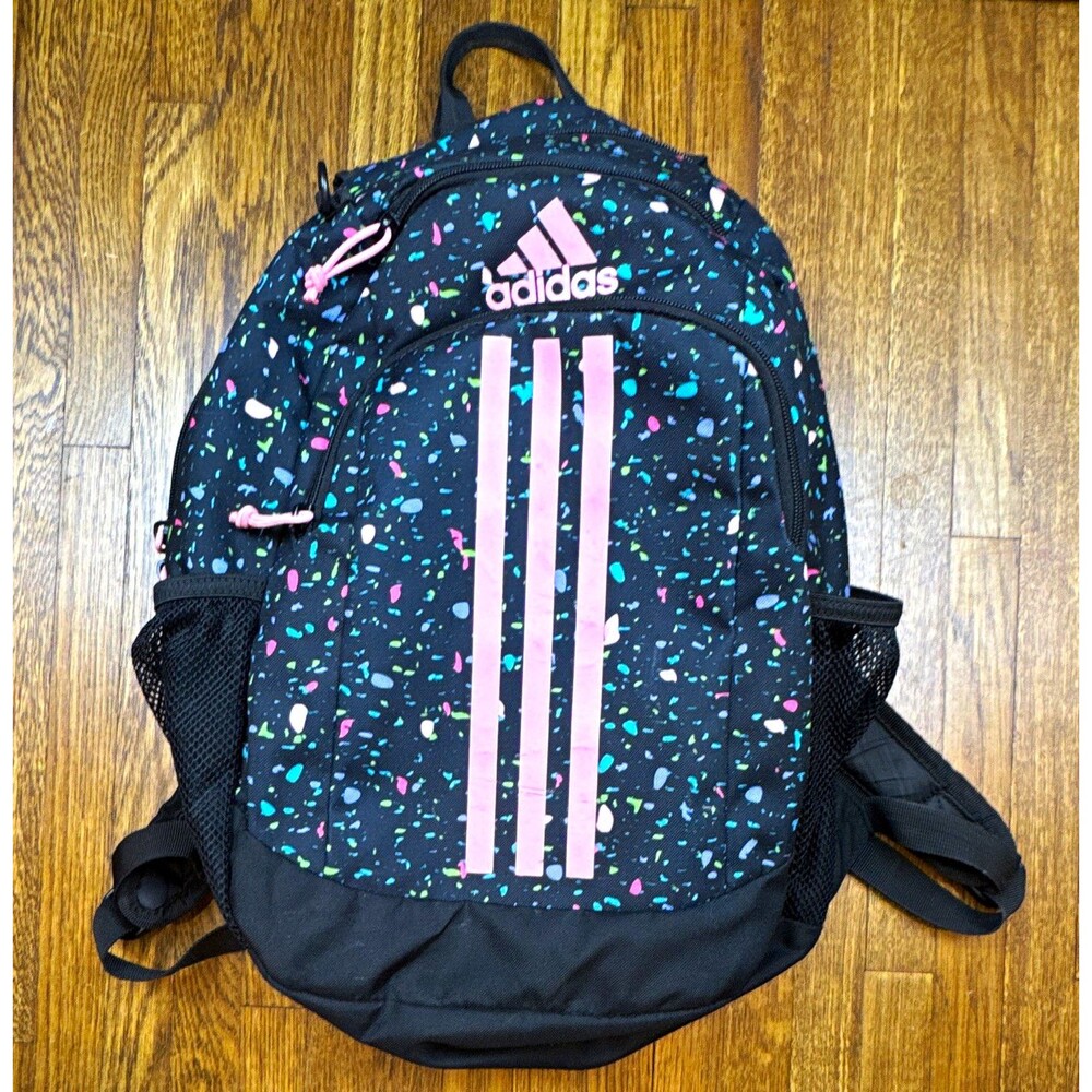 adidas Kids Black Speckled Backpack Pink Accents - used in great condition